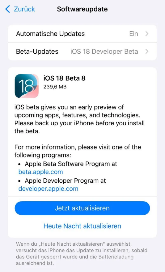 双清苹果手机维修分享苹果 iOS / iPadOS 18 开发者预览版 Beta 8 发布 